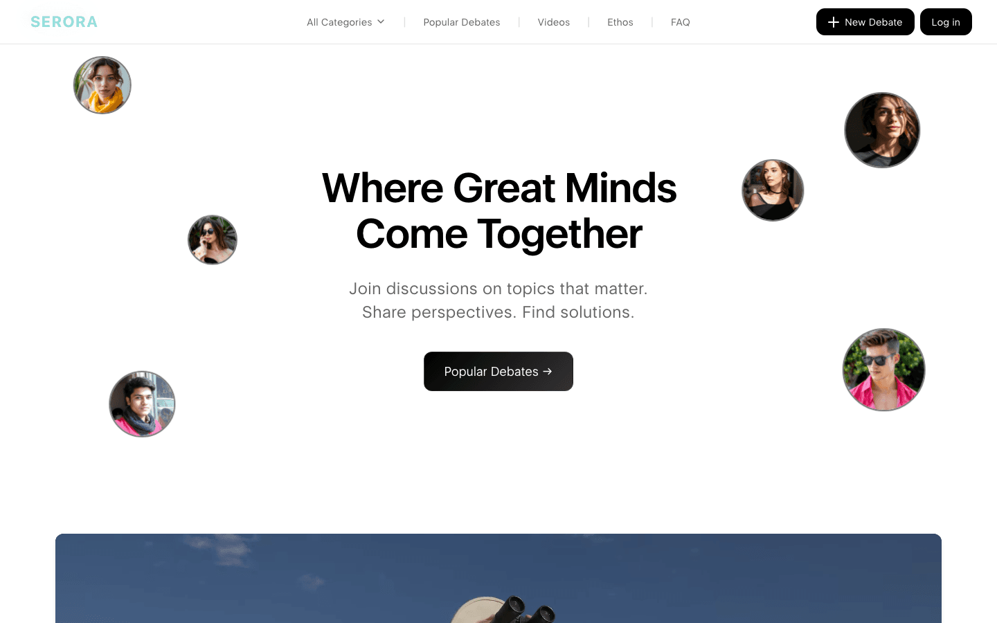 Serora hero page with floating user avatars and the tagline Where Great Minds Come Together